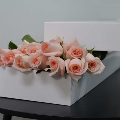 White classic box with 12 pink roses White classic box with 12 pink roses