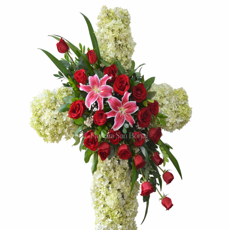 Cruz de defunción mediana con 20 rosas y liliums - D52 | Floreria San ...