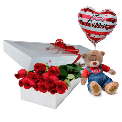 Caja con 12 rosas + Oso con overall chico + globo mediano