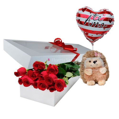 Pack: Caja 12 rosas + Peluche Eriza Chica + globo mediano