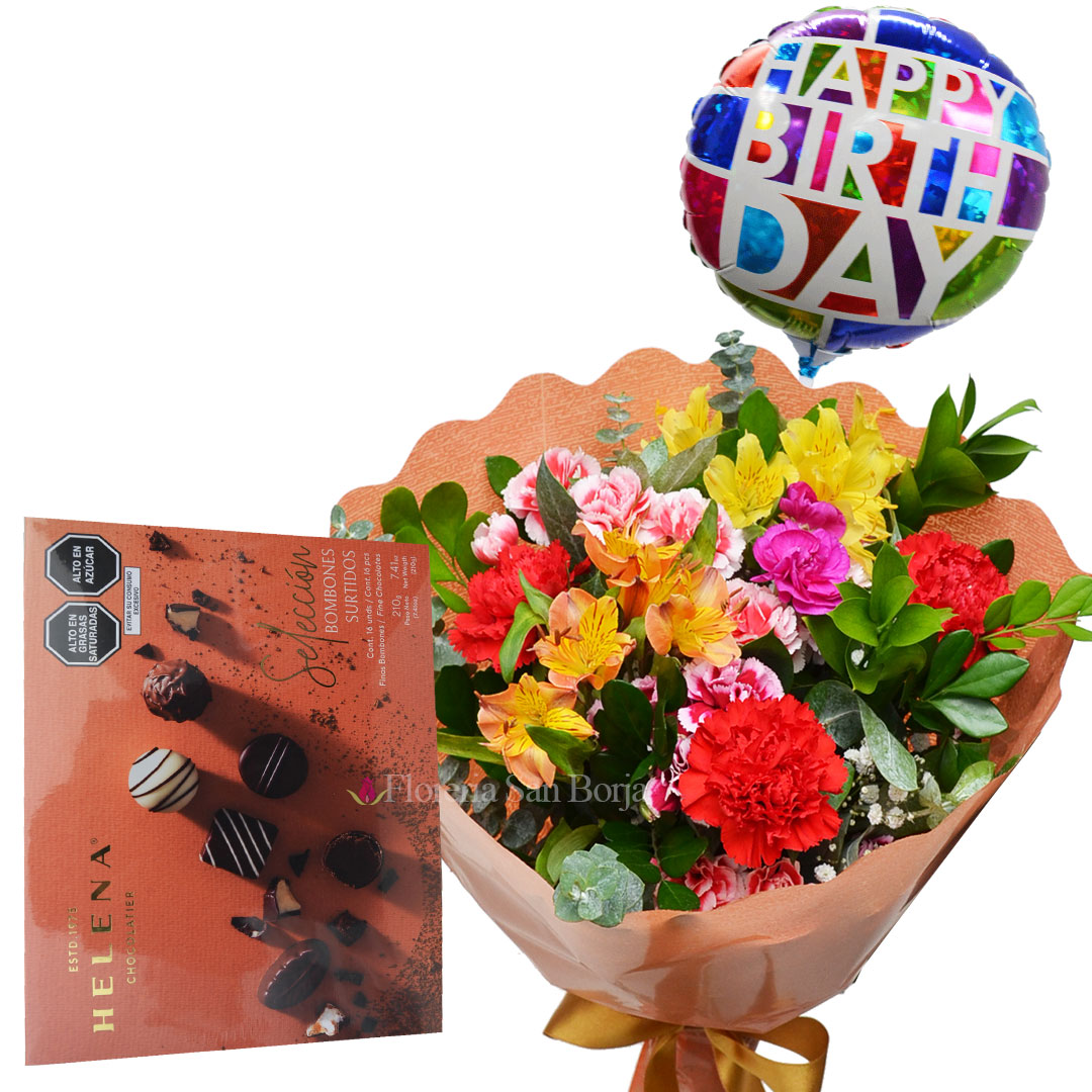 Imagen Ramo con flores mixtas + bombones Helena 210g + globo mediano