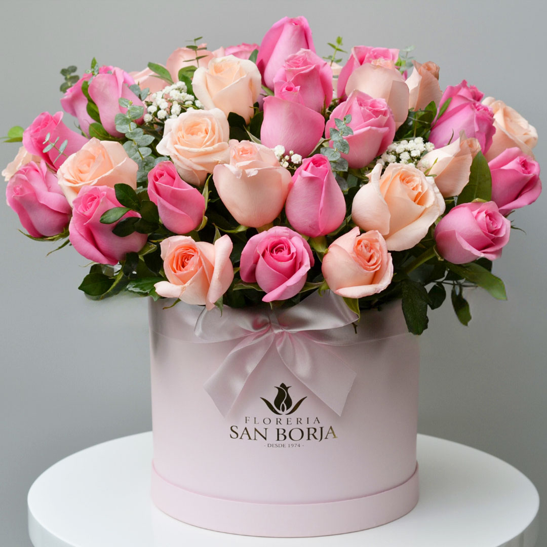 box cilíndrico 36 rosas rosadas y fucsias