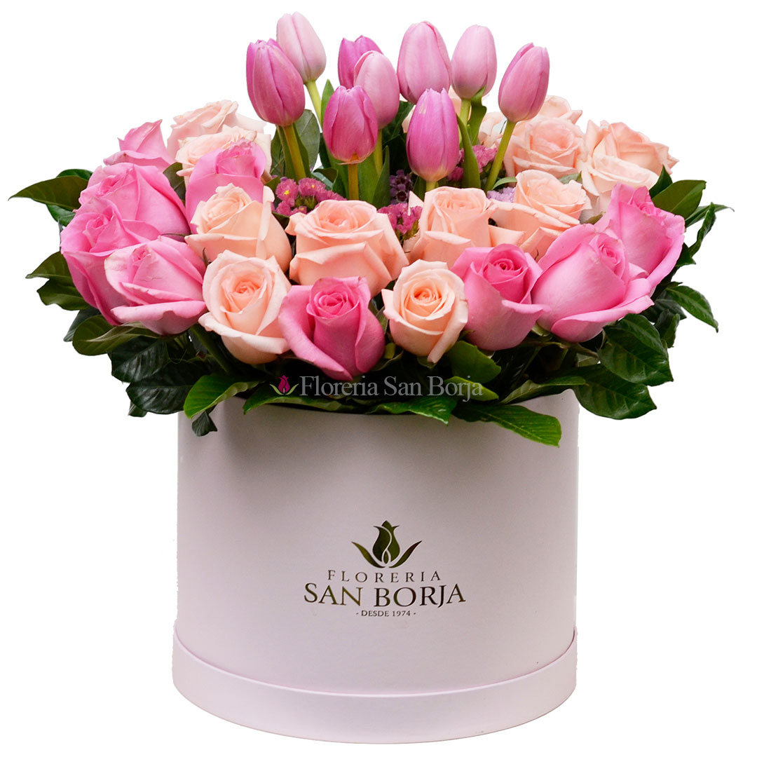 Box cilíndrico Pink Illusion – 24 rosas y 10 tulipanes