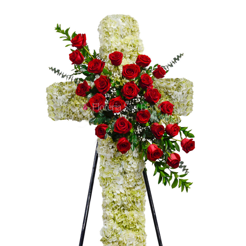 Cruz de defunción con 24 rosas - D56 Cruz de defunción mediana con 20 rosas y liliums - C2