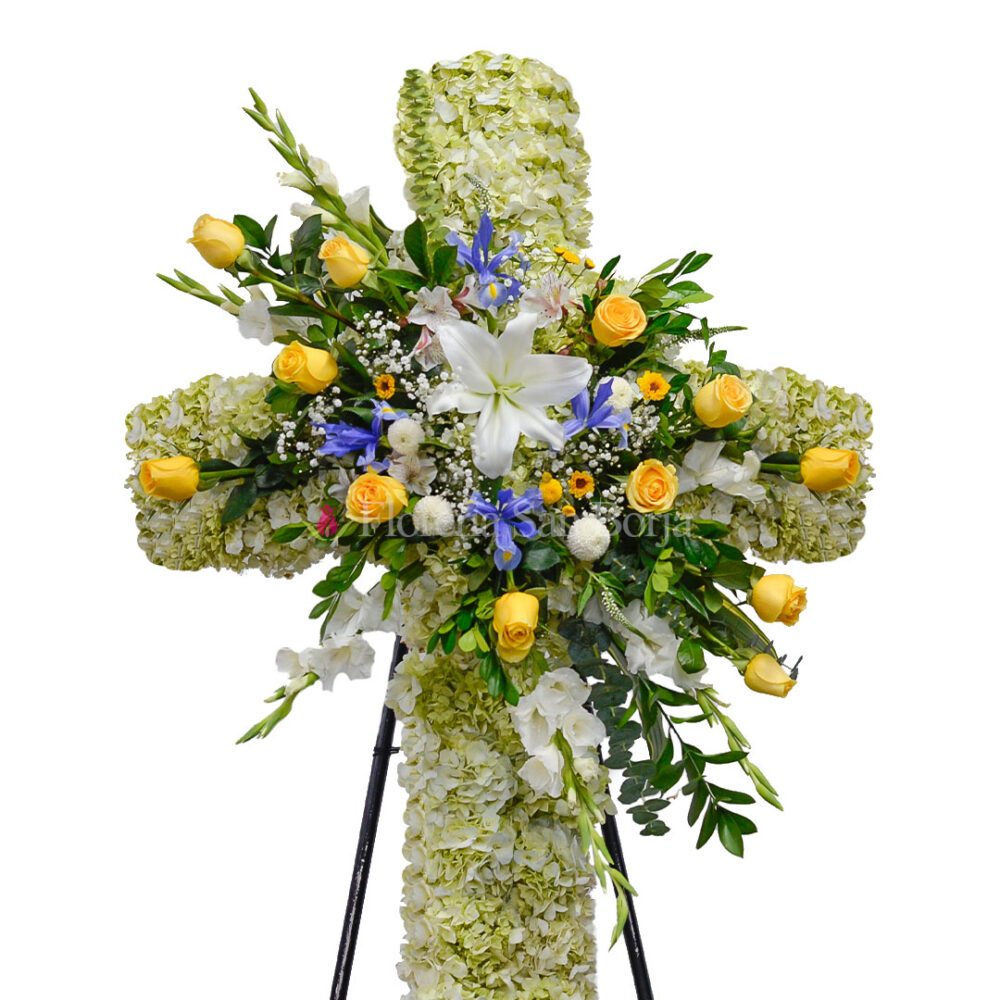 Cruz de Defunción Rosas amarillas con Iris - D53