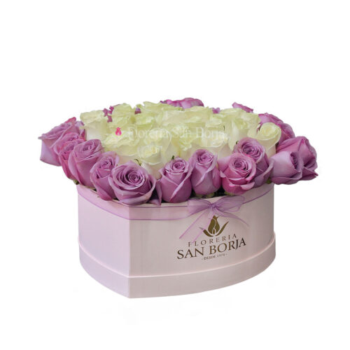 Box Corazón Sweet Heart - 48 Rosas Lilas y Blancas