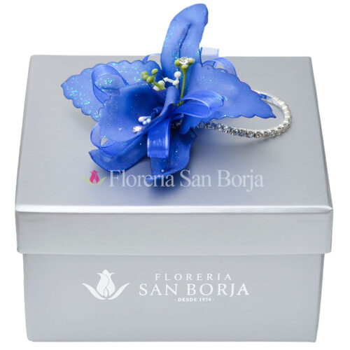 Corsage de orquidea artificial azul en box premium