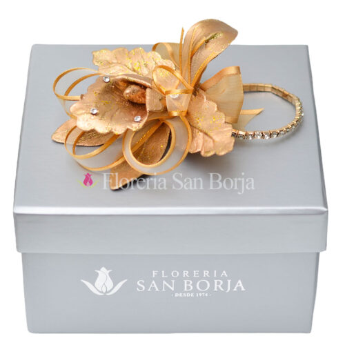 Corsage de orquidea artificial dorado en box premium