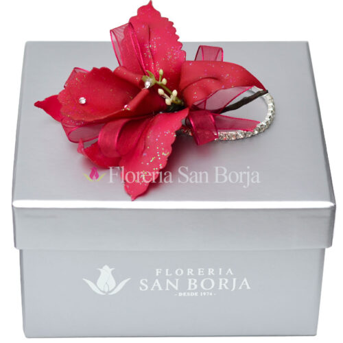 Corsage de orquidea artificial roja en box premium