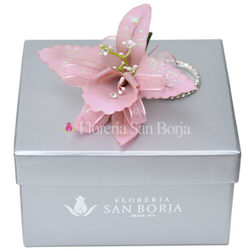 Corsage de orquidea artificial rosada en box premium