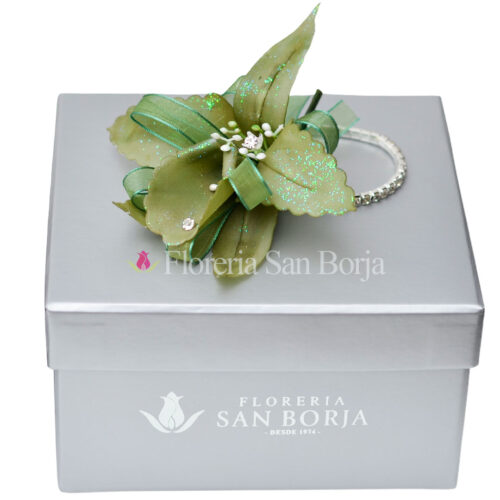 Corsage de orquidea artificial verde olivo en box premium