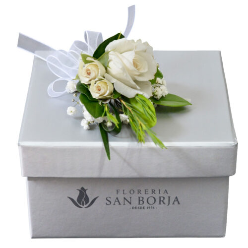 Corsage de mini rosas blancas en box premium