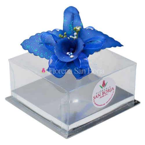Corsage de orquidea artificial azul en caja de mica