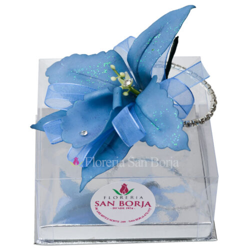 Corsage de orquidea artificial celeste en caja de mica