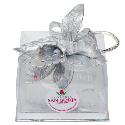 Corsage de orquidea artificial plateado en caja de mica