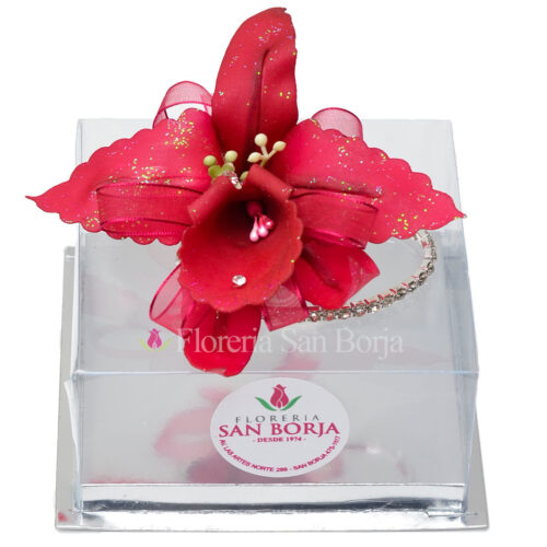 Corsage de orquidea artificial rojo en caja de mica