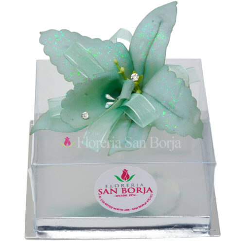 Corsage de orquidea artificial verde claro en caja de mica