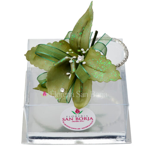 Corsage de orquidea artificial verde olivo en caja de mica