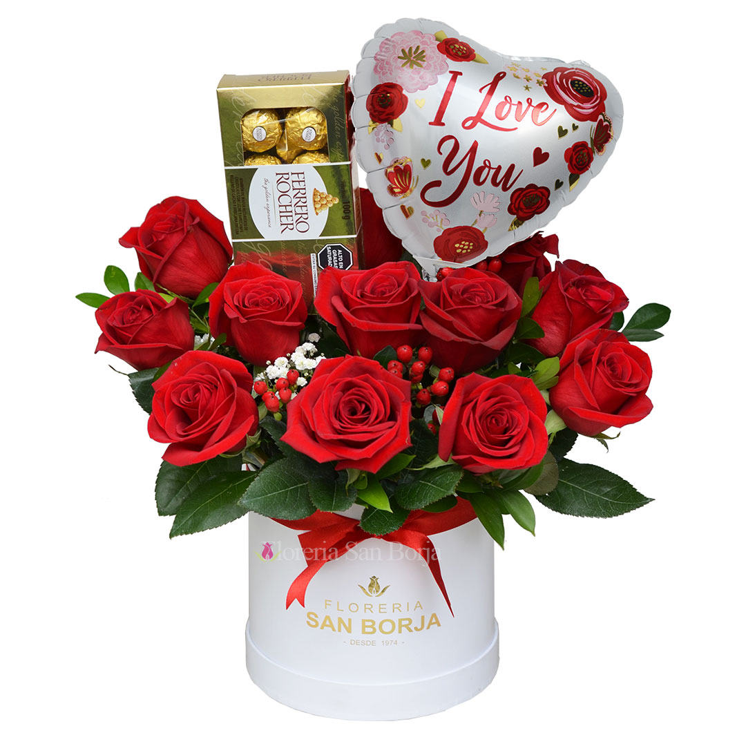 box cilindrico 12 rosas ferrero globo
